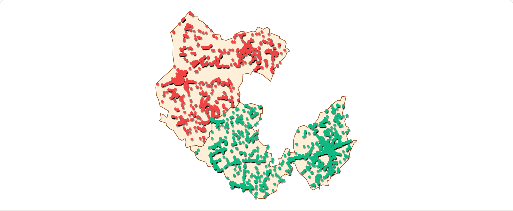 Carte d’Isigny-sur-Mer montrant deux groupes de points d’adresse BAN, rouges pour 14230 et verts pour 14330, utilisés pour couper approximativement la commune en deux zones de codes postaux