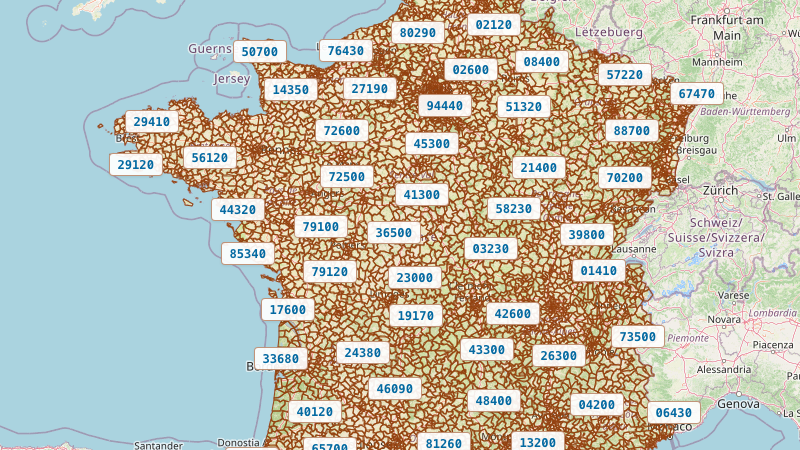 Carte des codes postaux en France métropolitaine