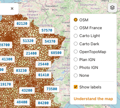 Postal-code map options panel