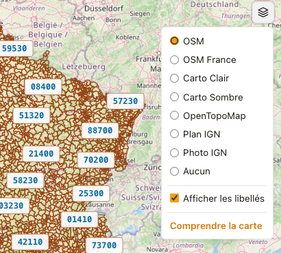 Panneau des options de la carte des codes postaux