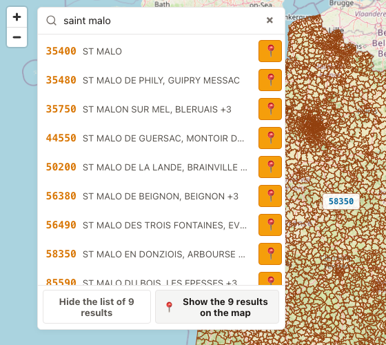 Postal-code search in the interactive map