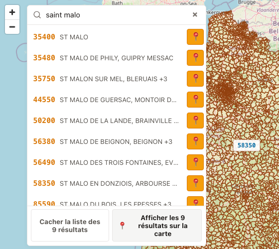 Recherche de codes postaux dans la carte interactive